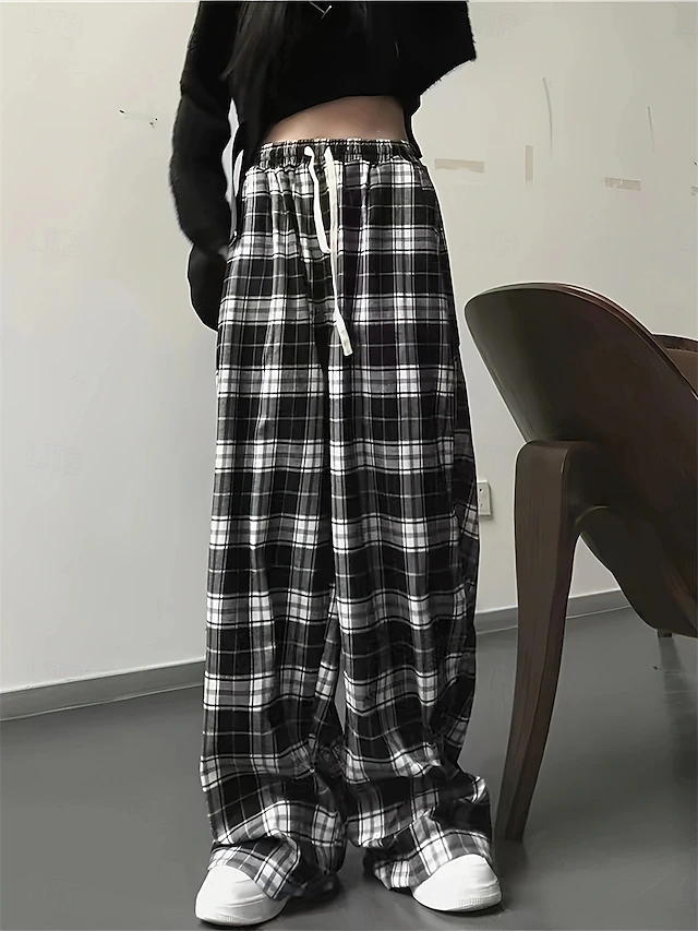 Women's Wide Leg Chinos Casual Full Length High Waist Plaid Pocket Elastic Waistband Printing Comfy Soft Comfortable Micro-elastic Outdoor Street Black Fall Winter Regular Fit4