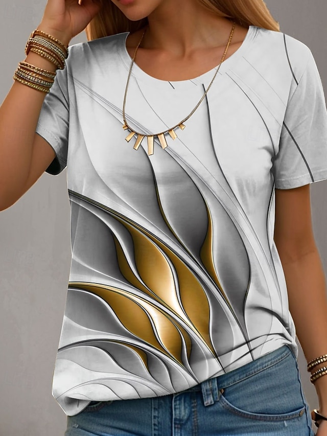  Women's T Shirt Casual Ombre Geometric Print Short Sleeve Regular Tops Round Neck Daily Gray Summer