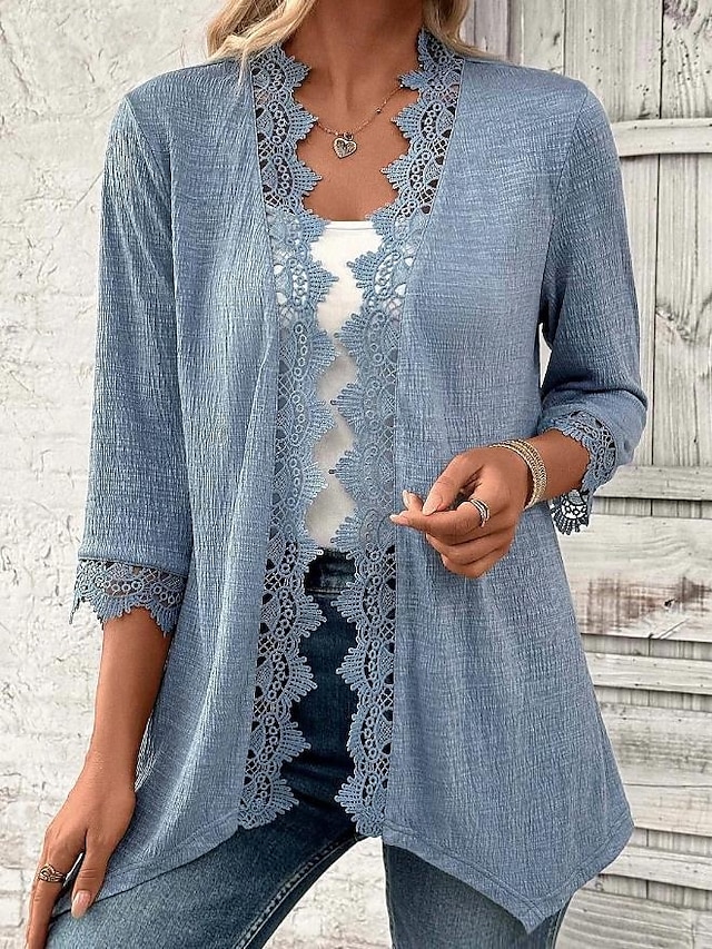 Women's Jacket Party Patchwork Solid Color Windproof Fashion Loose Fit Outerwear 3/4 Length Sleeve Fall Blue S4