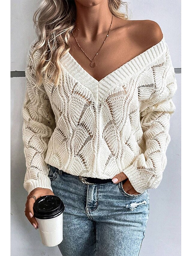 Women's Sweater Stylish Solid Color V Neck Hollow Out Long Sleeve Regular Tops Knit Work Black Green Fall Winter 11
