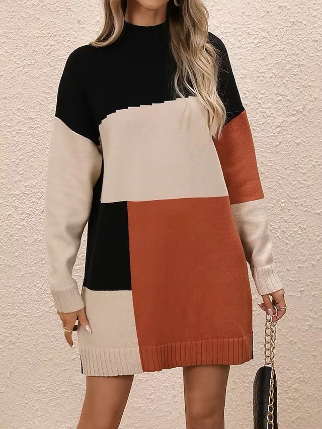 Women's Sweater Stylish Color Block Mock Neck Crewneck Long Sleeve Long Tops Knit Work Red Brown Blue Fall Winter 7
