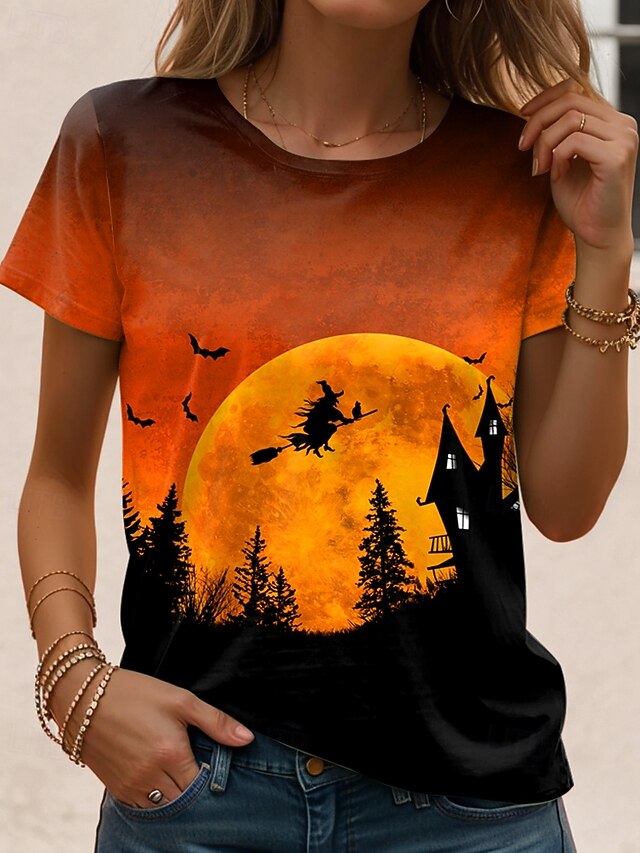 Halloween Women's T shirt Witch Tee Print Daily Casual Short Sleeve Crew Neck Round Neck Orange Summer4