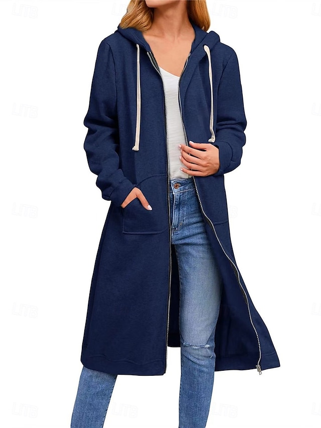  Pentru femei Jachetă cu glugă În aer liber Stradă Purtare Zilnică Toamnă Iarnă Lung Palton Fit regulat Termic cald Respirabil Casual Jachete Manșon Lung Culoare solidă Cu buzunare Zip complet Negru
