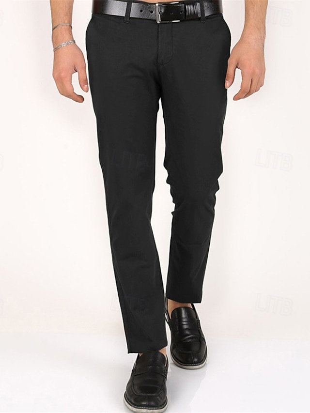  Men's Dress Pants Trousers Chinos Buttons Pocket Plain Comfort Formal Party Work Fashion Classic Style Black Dark Green Micro-elastic