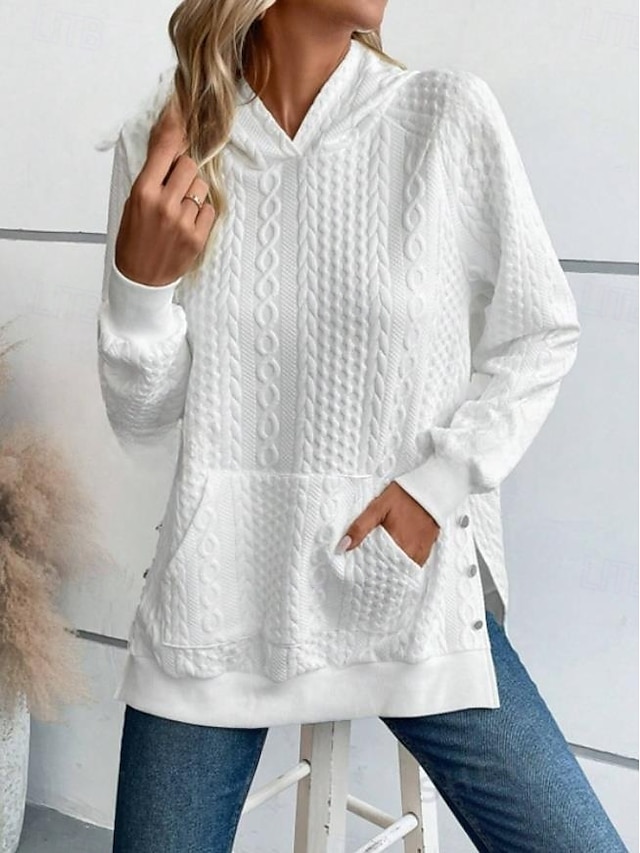  moletom feminino com capuz, moda trabalho, uso diário, casual, com capuz, bolso, solto, manga comprida, branco, outono inverno