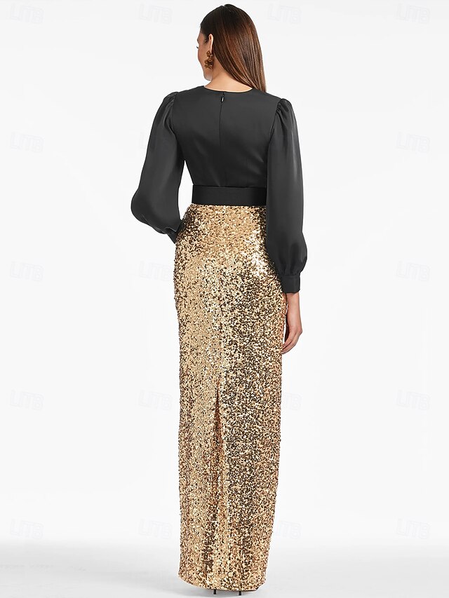 New Flare Sleeve Black Gold Heavy Sequins Evening Dress Boat Neck Formal Evening Party Dress