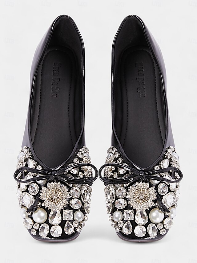 Women's Black Rhinestone and Pearl Embellished Ballet Flats with Bow Detail – Elegant Slip-On Shoes for Weddings and Special Occasions 9