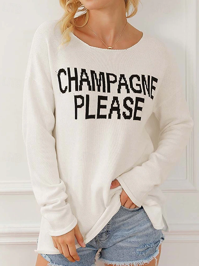 Women's Logo Sweater Crew Neck Knit Knitted Fall Winter Streetwear Work Going out Casual Long Sleeve Print White Brown 6