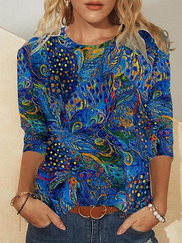  Tricou tunică pentru femei fashion casual imprimeu cu mânecă lungă regulat guler rotund zilnic albastru primăvară-toamnă