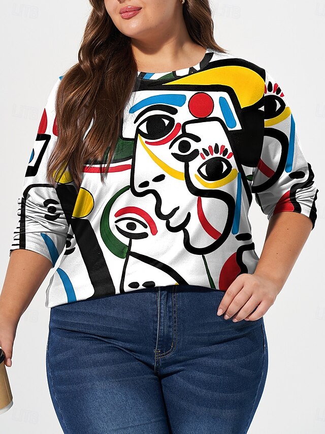 Women's Plus Size Tops T shirt Tee Abstract Print Long Sleeve Crew Neck Casual Daily Fall Winter White Pink 6