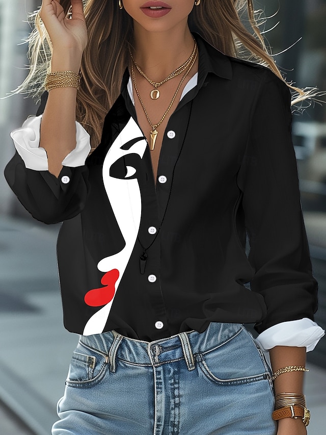  Camicia da donna astratta stampa facciale casual maniche lunghe bottonata camicia lunga autunno