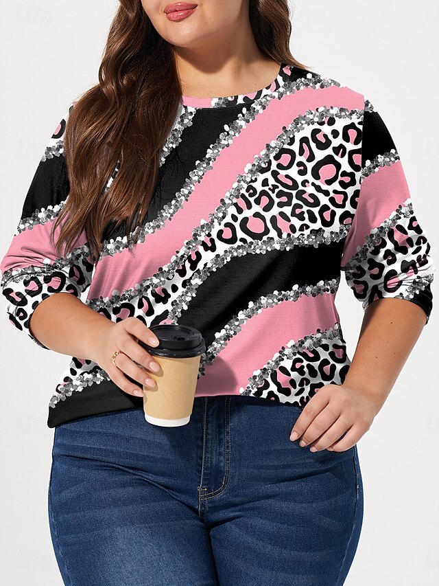 Women's Plus Size Tops T shirt Tee Leopard Color Block Print Long Sleeve Crew Neck Casual Daily Fall Winter Pink Prefall4