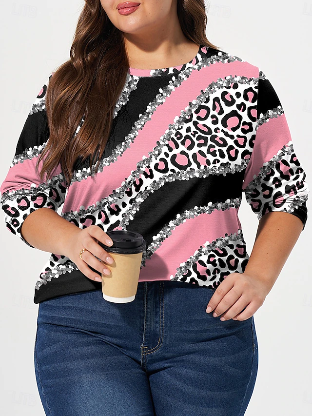 Women's Plus Size Tops T shirt Tee Leopard Color Block Print Long Sleeve Crew Neck Casual Daily Fall Winter Pink Prefall4