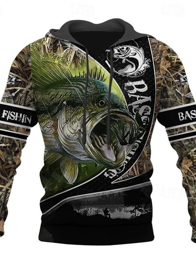  Herre Grafisk Fisk Hattetrøje Hettegensere Genser Gatemote Designer Langermet Med hette Sport & Utendørs Daglig Svart Marineblå Trykt mønster Vår & Vinter Designer