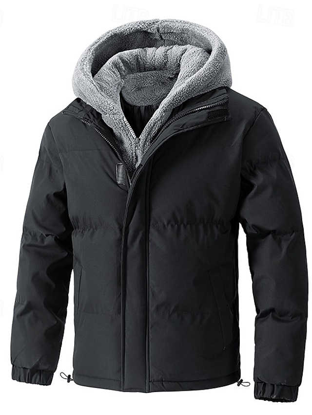  Herre Vinterjakke Pufferjakke Fleece-jakke Polstret 2 i 1 falske to stykker Polyester Hette Lomme utendørs Stevnemøte Fritid / hverdag Normal Mote Fritid Hold Varm Vindtett Vinter عادي Svart Beige Grå