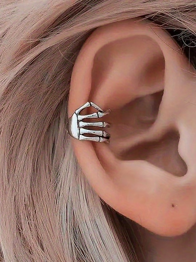  polsino auricolare in argento con mano scheletrica – orecchino a clip a tema Halloween punk gotico per donne e uomini