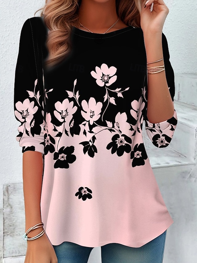  Camiseta Túnica para Mujeres Moda Casual Impresión Manga Larga Tops Regulares Cuello Redondo Diario Rosa Primavera Otoño