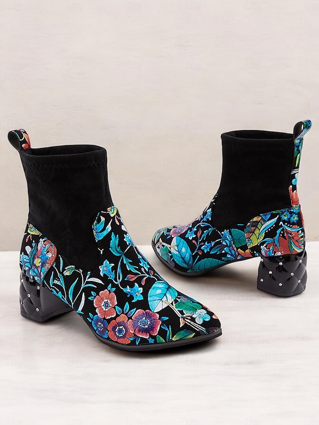  Botines de mujer con bordados florales y tacón ancho acolchado, estilo vintage, calzado de fiesta y casual de moda
