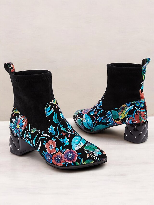 Women's Floral Embroidered Ankle Boots with Quilted Block Heel, Vintage Style, Fashionable Party and Casual Footwear 9