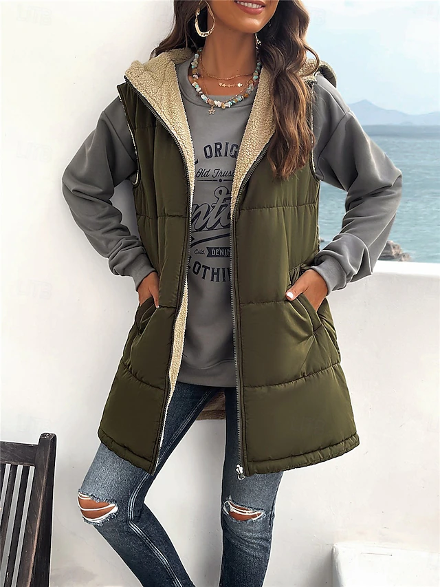 Women's Fleece Jacket Fleece Vest Teddy Coat Warm Breathable Zipper Pocket Fleece Lined Casual Plain Vacation Street Daily Wear Going out Zipper Regular Hoodie Regular Fit Sleeveless Outerwear Gray 14