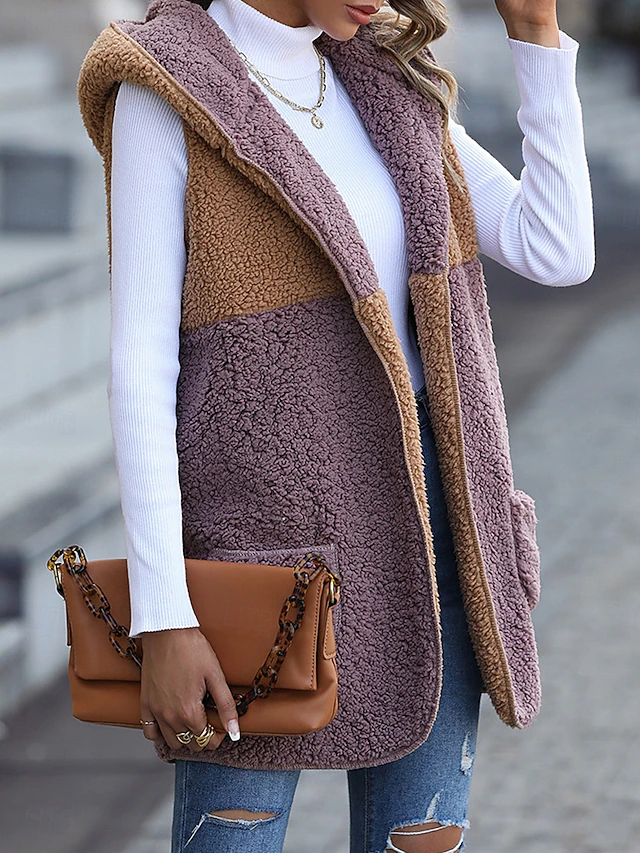 Women's Fleece Jacket Fleece Vest Teddy Coat Warm Breathable Patchwork Pocket Fleece Lined Casual Color Block Vacation Street Daily Wear Going out Open Front Regular Hoodie Regular Fit Sleeveless 7