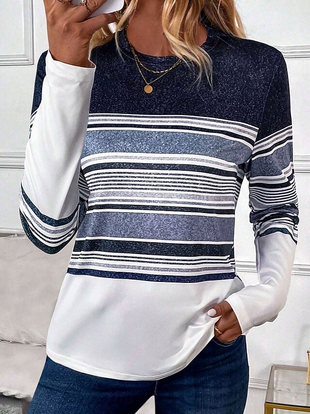 Women's T shirt Long Sleeve Crew Neck Long Sleeve Tunic Striped Casual Regular Tops Daily Print Blue Spring Fall Prefall4