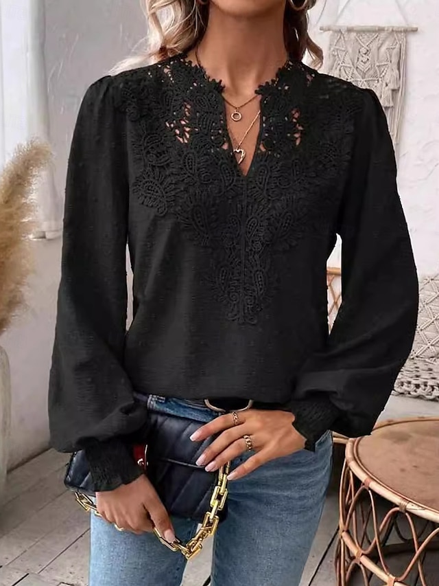  Women's Lace Shirt Stylish Lace Long Sleeve Regular Tops V Neck Work Black Fall Winter