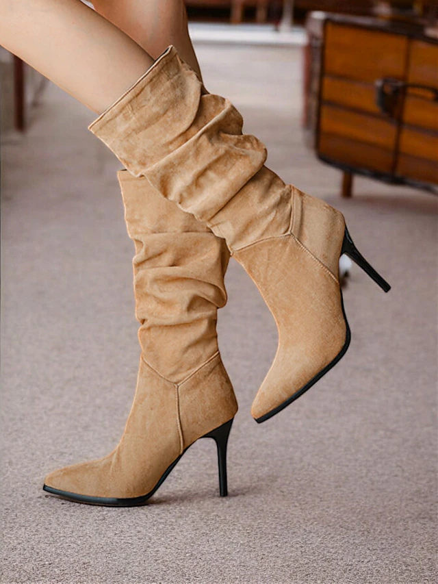 Women's Tan Suede Slouchy Knee-High Boots with Stiletto Heels and Pointed Toe, Stylish Fall and Winter Footwear for Casual and Evening Wear 11