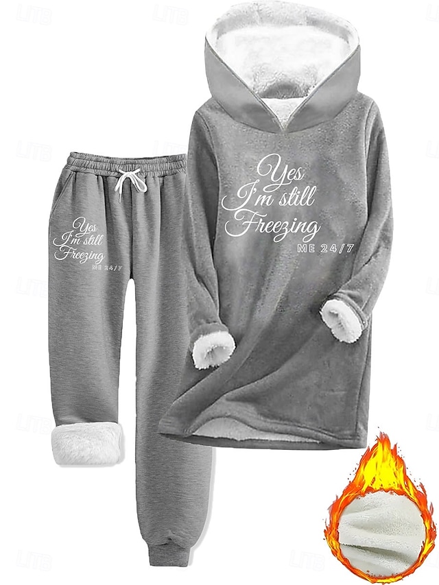  Kvinnors 2 Delar Fuzzy Pyjamas Set Lång Ärmar Topp och Byxa Text Tryck Komfort Avslappnad Hemma Kläder Dragsko Solid Bekväm Vinter