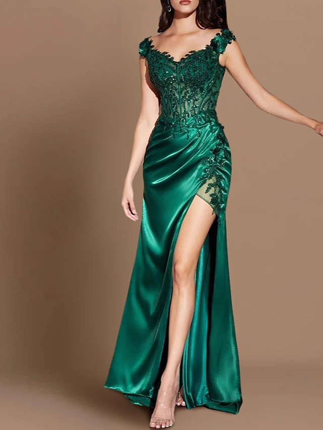 Mermaid Sequin Evening Gown Sexy Dress Formal Floor Length Sleeveless V Neck Charmeuse with Slit Appliques 5