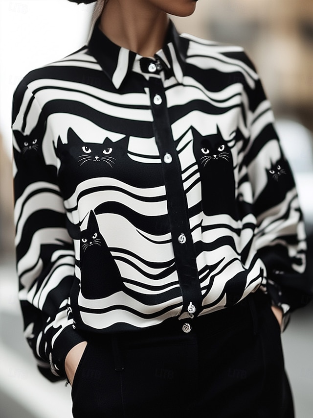  Damen Hemd Katze Gestreift Elegant Stilvoll Modern Langarm Hemdkragen Normale Oberteile Arbeit Druck Schwarz Frühling Herbst Winter