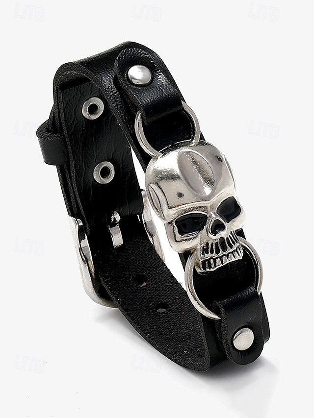  Men's Black Leather Bracelet with Silver Skull Charm – Gothic Punk Adjustable Wristband for Halloween and Biker Style