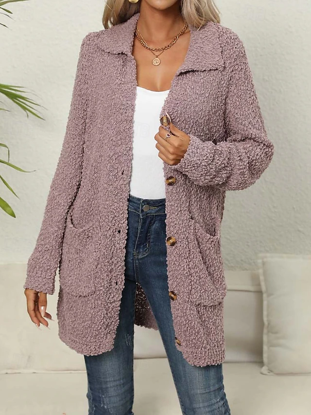 Women's Cardigan Elegant Fashion Daily Solid Color Open Front Knitted Textured Long Sleeve Long Tops Knit Work Green Dark Purple Fall Winter 8