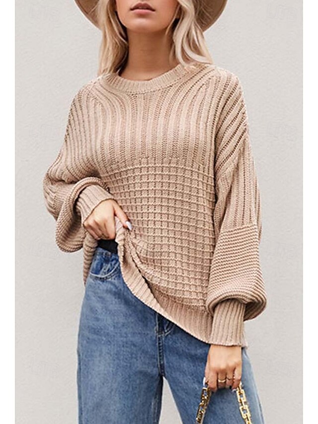  Damen Pullover Täglich Brautkleider schlicht Einfarbig Rundhalsausschnitt Strick Textur Laternenärmel Langarm Lange Oberteile Stricken Formal Heim Arbeit Grün Khaki Herbst Winter