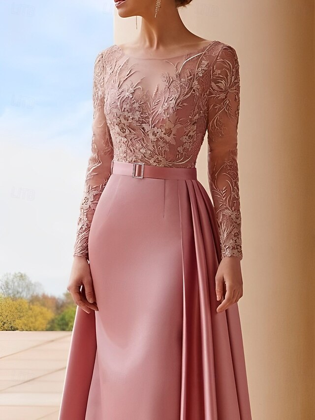 A-Line Mother of the Bride Dress Wedding Guest Elegant Scoop Neck Floor Length Stretch Chiffon 3/4 Length Sleeve with Lace main image 1