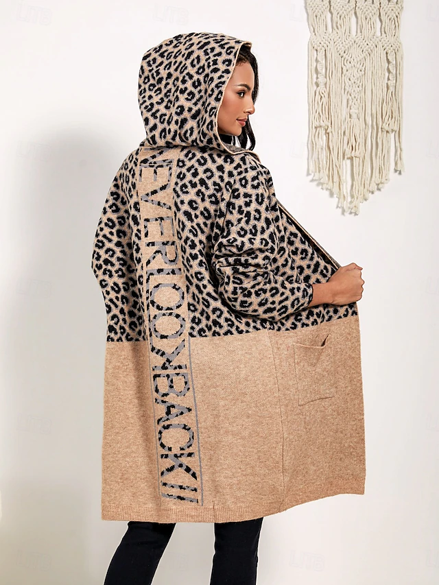 Women's Long Cardigan Leopard Print Open Front Knit Patchwork Knitted Fall Winter Going out Fashion Streetwear Daily Long Sleeve Animal Camel 7