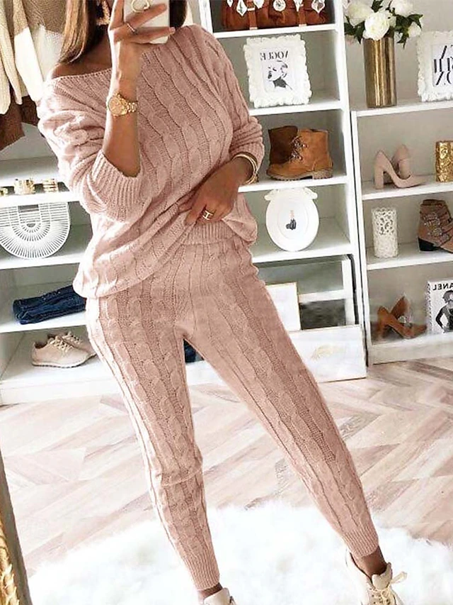 Women's Sweater Casual Solid Color Cable Crew Neck Knitted Long Sleeve Long Tops Knit Weekend Pink Fall Winter 7