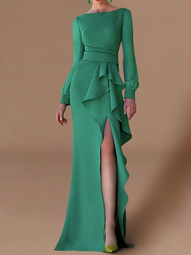  Vestido de Festa A-Line Elegante Convidada Formal de Outono Cauda Arrastando  Escovando Manga Longa Decote Joia Tecido Stretch Chiffon com Babados Fenda 2025