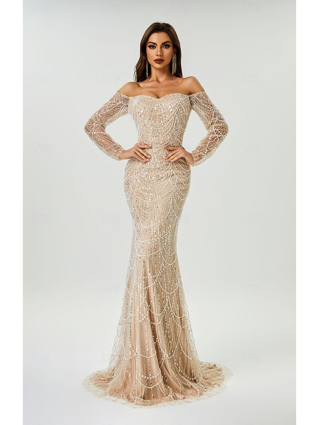 Mermaid Evening Gown Elegant Dress Evening Party Engagement Court Train Long Sleeve Off Shoulder Sequined with Beading Sequin 13