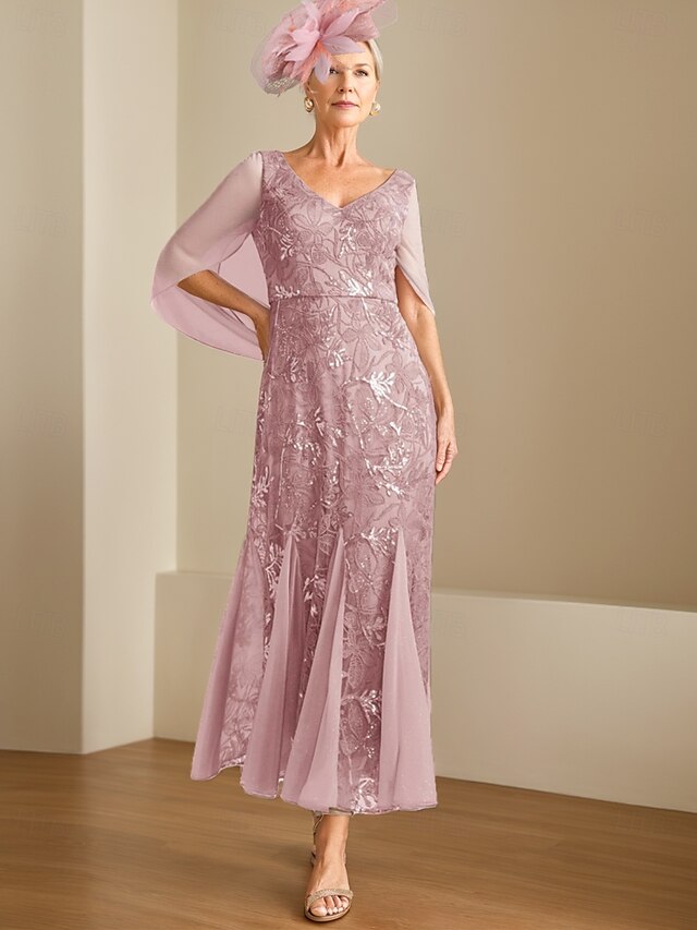  A-Linie Kleid Mutter der Braut Kleid Elegantes V-Ausschnitt Knöchellang Chiffon Halbärmel mit Spitze Einfarbig kostenlose Sondergröße