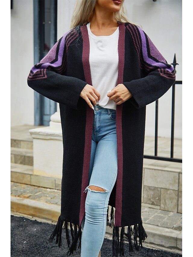  Mujer Cárdigan Moda Diario Geométrico Frente Abierto Borlas Manga Larga Tops largos Tejer Exterior Noche Fin de semana Negro Color Camello Otoño Invierno