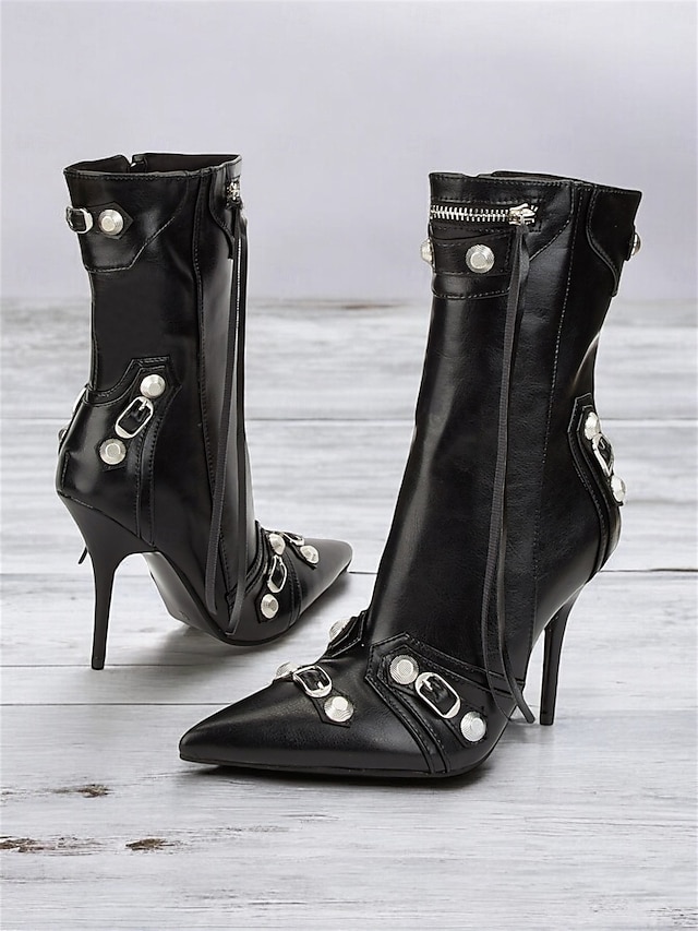  Botas de moto con tacón de aguja de piel sintética negra para mujer con hebillas y detalles de cremallera: tacones de media pantorrilla con punta puntiaguda sexys para fiestas y salidas nocturnas