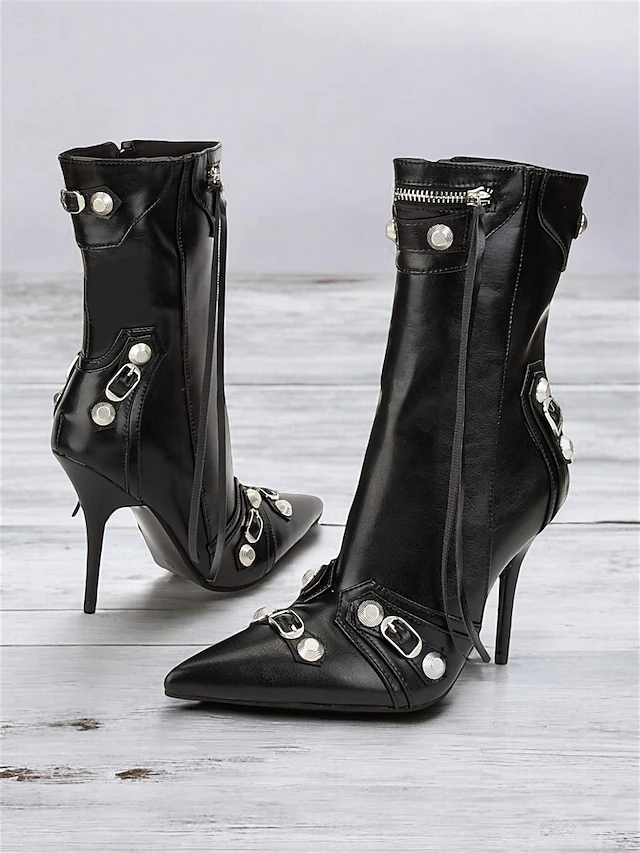 Women's Black Faux Leather Stiletto Motorcycle Boots with Buckles and Zipper Detailing - Sexy Pointed Toe Mid-Calf Heels for Parties and Night Out 7