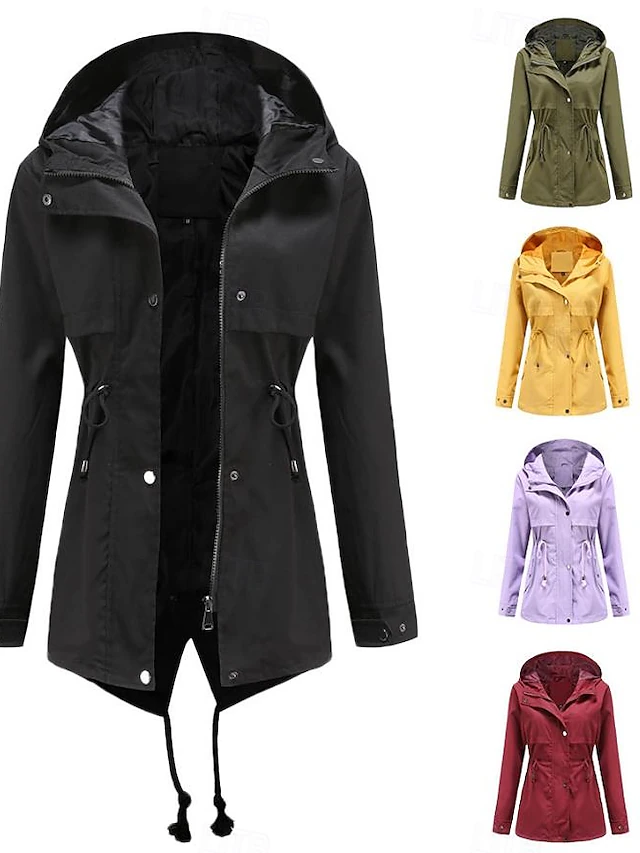 Women's Winter Coat Waterproof Windproof Zipper Outdoor Solid Color Work Casual Zipper Hoodie Loose Fit Long Sleeve Outerwear Black Yellow Red Winter 6