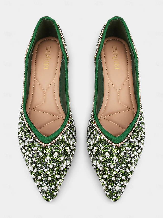 Women's Green Rhinestone Embellished Pointed-Toe Flats, Elegant Crystal Beaded Ballet Shoes, Perfect for Weddings, Parties, and Formal Occasions 7