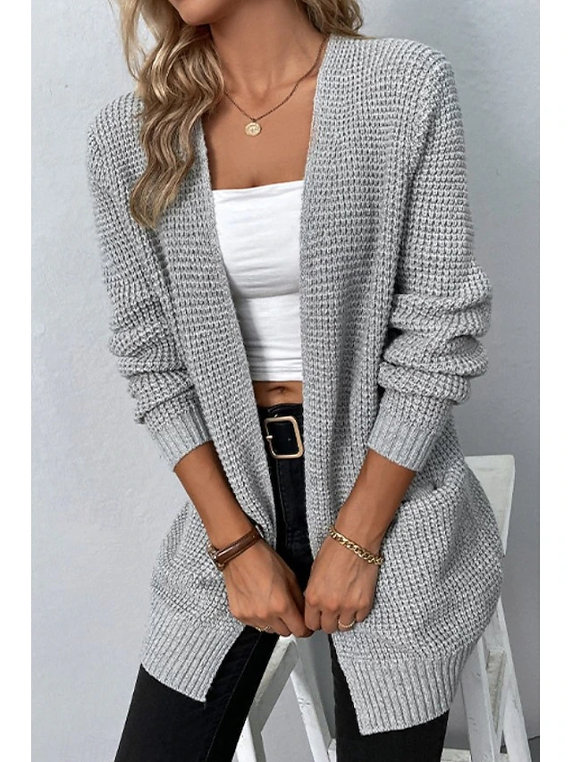 Women's Cardigan Daily Casual Solid Color Crew Neck Knitted Textured Long Sleeve Long Tops Knit Home Work Daily Black Pink Fall Winter 9