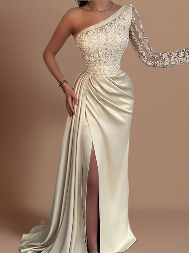  Mermaid / Trumpet Gold Dresses Evening Gown Hot Dress Formal Wedding Guest Sweep / Brush Train Long Sleeve One Shoulder Bridesmaid Dress Satin with Rhinestone Appliques 2024