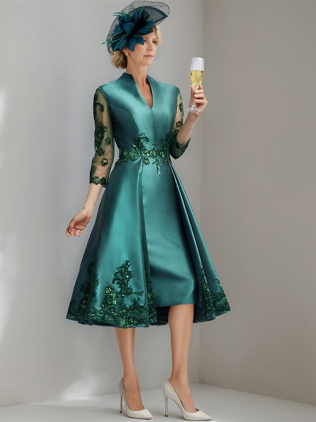 A-Line Mother of the Bride Dress Elegant Vintage V Neck Tea Length Satin 3/4 Length Sleeve with Lace Solid Color 5