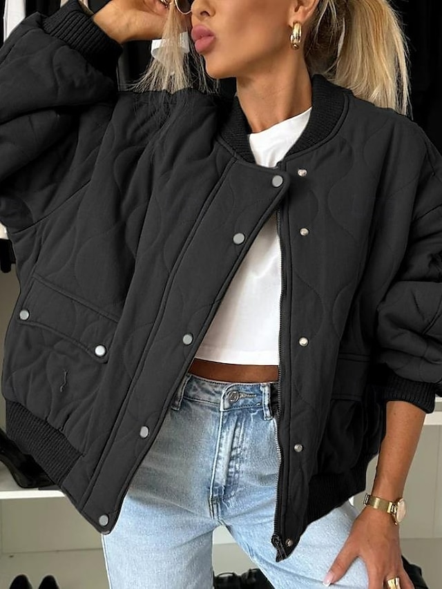  Mulheres Casaco de inverno Manter Quente Zíper Bolsos Casual Estilo de rua Tecido Férias Rua Roupa Diária Zíper Colarinho Chinês Normal Manga Longa agasalhos Preto Cáqui Cinzento Escuro Outono Inverno