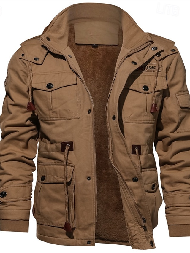  Men's Winter Jacket Fleece Jacket Casual Jacket Daily Vacation Thermal Warm Pocket Fleece Fall & Winter Plain Fashion Streetwear Hooded Regular Black Green Khaki Jacket
